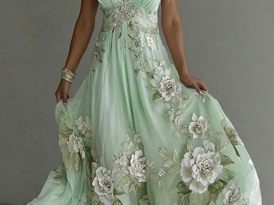 Bellamy - Women's Floral Embroidered V-Neck Flowy Maxi Dress - Mint Green