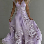 Bellamy - Women's Floral Embroidered V-Neck Flowy Maxi Dress - Lilac