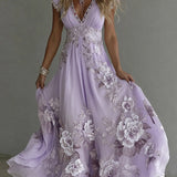 Bellamy - Women's Floral Embroidered V-Neck Flowy Maxi Dress - Lilac