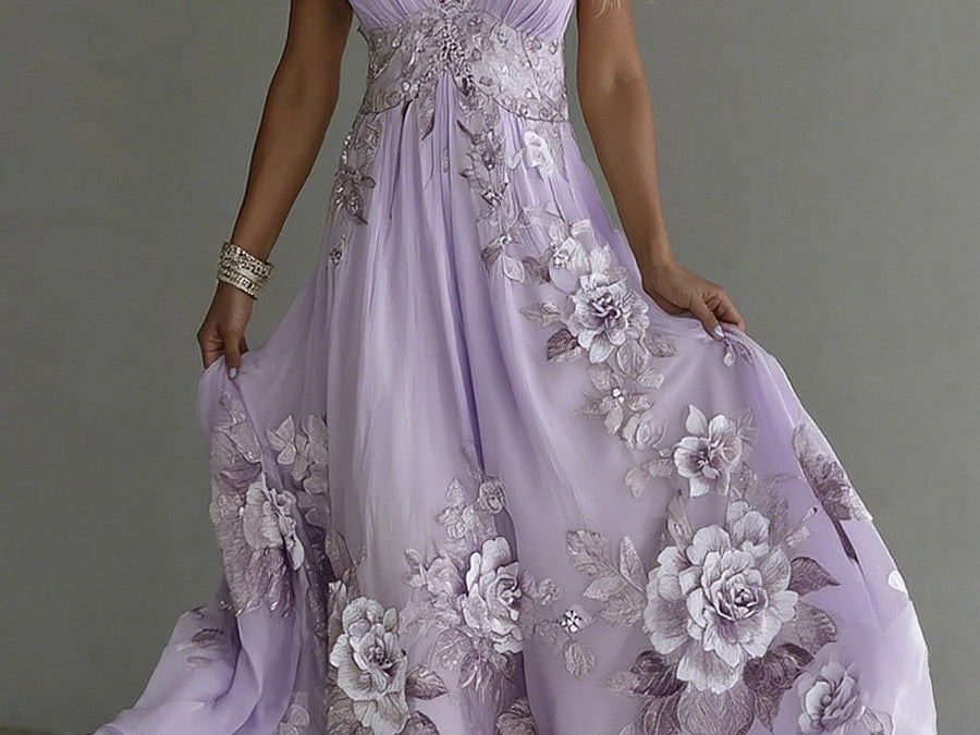 Bellamy - Women's Floral Embroidered V-Neck Flowy Maxi Dress - Lilac