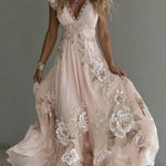 Bellamy - Women's Floral Embroidered V-Neck Flowy Maxi Dress - Blush Pink