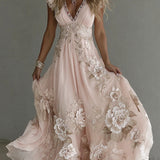 Bellamy - Women's Floral Embroidered V-Neck Flowy Maxi Dress - Blush Pink