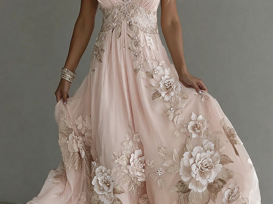 Bellamy - Women's Floral Embroidered V-Neck Flowy Maxi Dress - Blush Pink