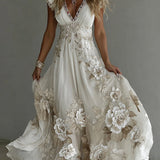 Bellamy - Women's Floral Embroidered V-Neck Flowy Maxi Dress