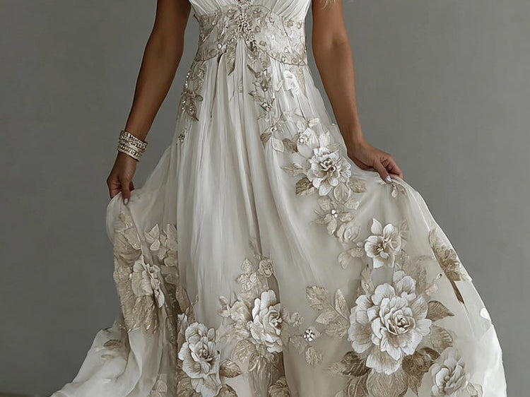 Bellamy - Women's Floral Embroidered V-Neck Flowy Maxi Dress