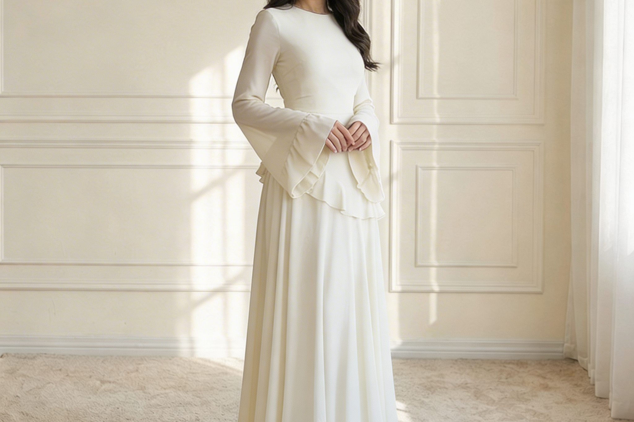 Bellis - Women's Long Sleeve Flared Cuff Maxi Dress - White