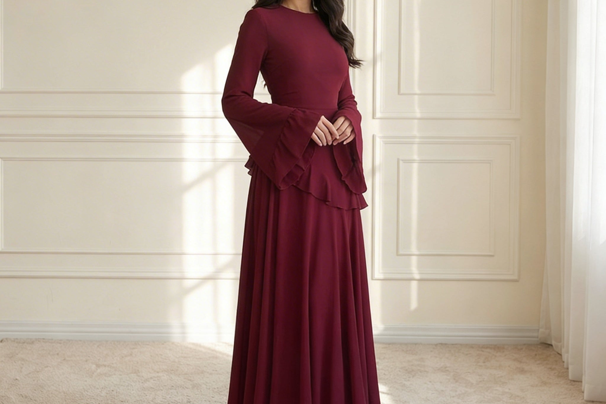 Bellis - Women's Long Sleeve Flared Cuff Maxi Dress - Burgundy