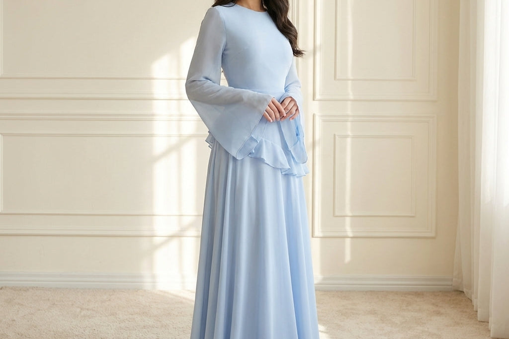 Bellis - Women's Long Sleeve Flared Cuff Maxi Dress - Light Blue