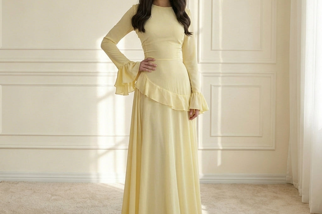 Bellis - Women's Long Sleeve Flared Cuff Maxi Dress - Yellow