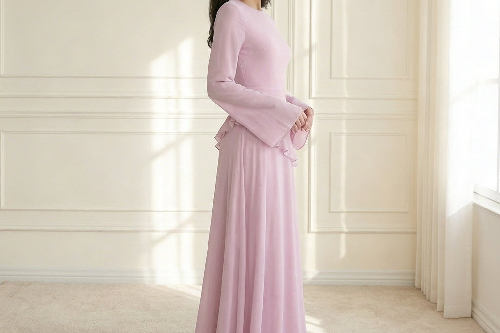 Bellis - Women's Long Sleeve Flared Cuff Maxi Dress - Pink
