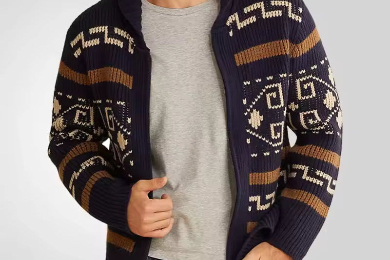 Benjamin - Men's Zip-Up Shawl Collar Cardigan with Patterned Sleeves - Brown