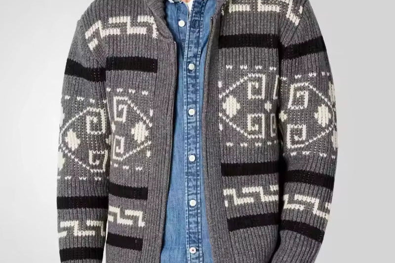 Benjamin - Men's Zip-Up Shawl Collar Cardigan with Patterned Sleeves - Gray