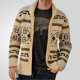 Benjamin - Men's Zip-Up Shawl Collar Cardigan with Patterned Sleeves - Khaki
