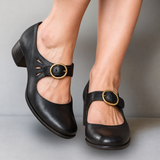 Birte - Women's Leather Mary Jane Pumps with Buckle Strap - Black