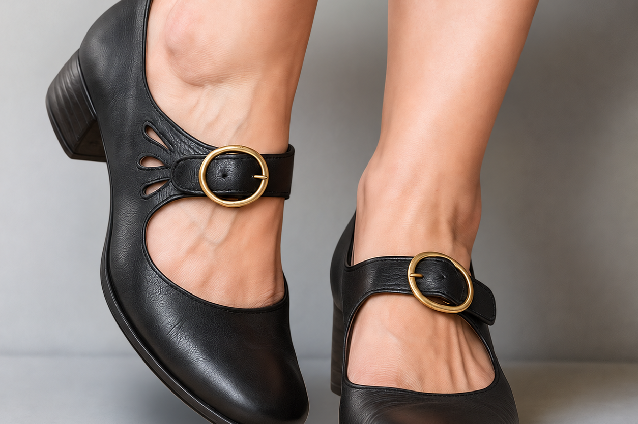 Birte - Women's Leather Mary Jane Pumps with Buckle Strap - Black