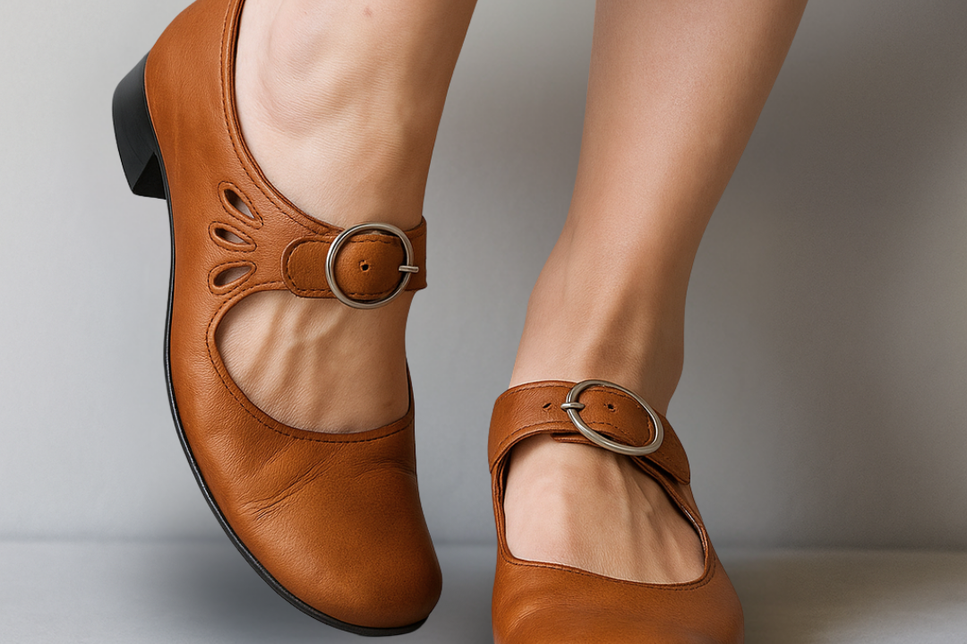 Birte - Women's Leather Mary Jane Pumps with Buckle Strap - Brown