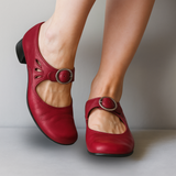 Birte - Women's Leather Mary Jane Pumps with Buckle Strap - Red