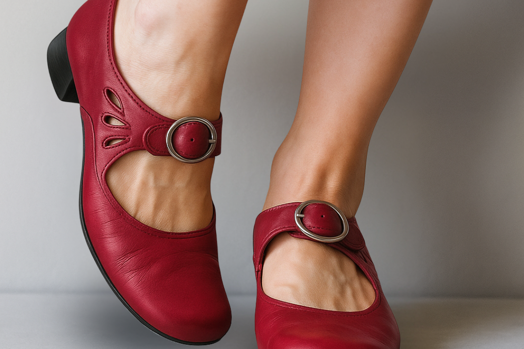 Birte - Women's Leather Mary Jane Pumps with Buckle Strap - Red
