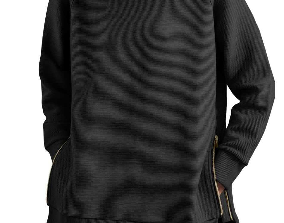 Blathin - Women's Longline Zip-Front Tunic Sweatshirt - Black