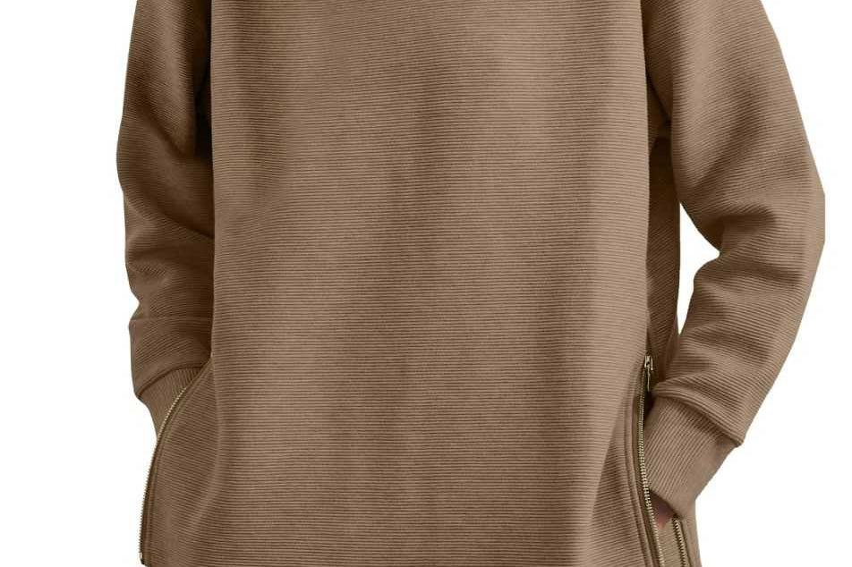 Blathin - Women's Longline Zip-Front Tunic Sweatshirt - Khaki