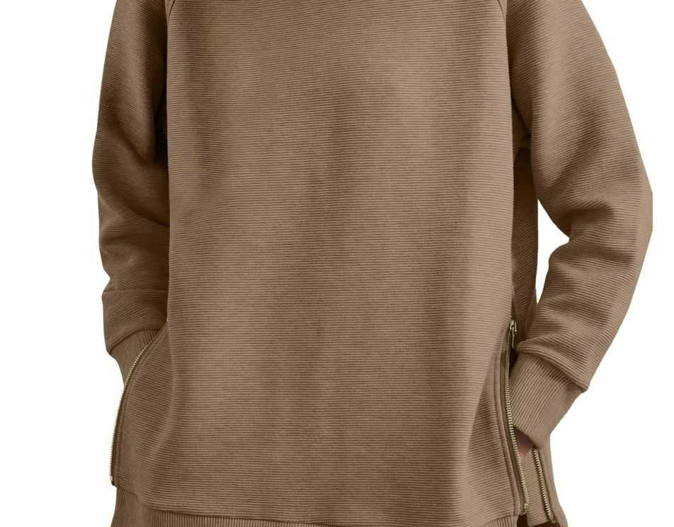 Blathin - Women's Longline Zip-Front Tunic Sweatshirt - Khaki