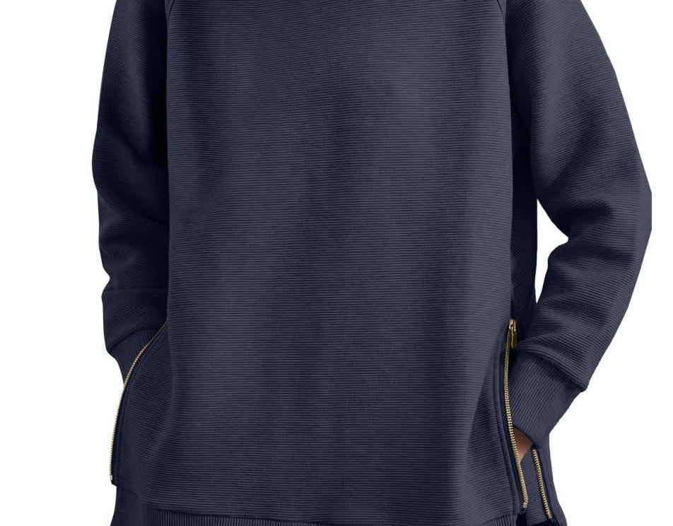 Blathin - Women's Longline Zip-Front Tunic Sweatshirt - Navy Blue