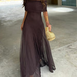 Brigid - Women's Long Mesh Overlay Ceremony Dress - Brown