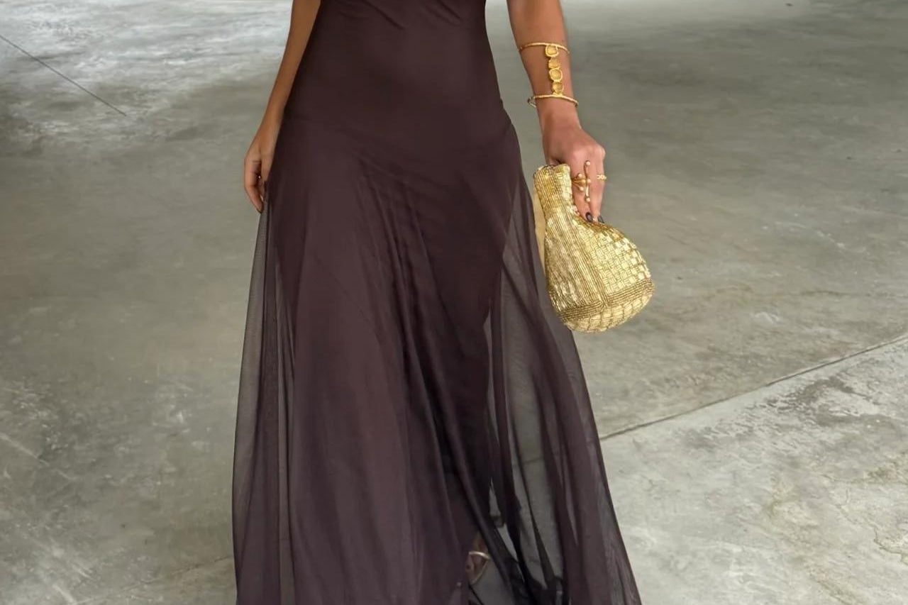 Brigid - Women's Long Mesh Overlay Ceremony Dress - Brown