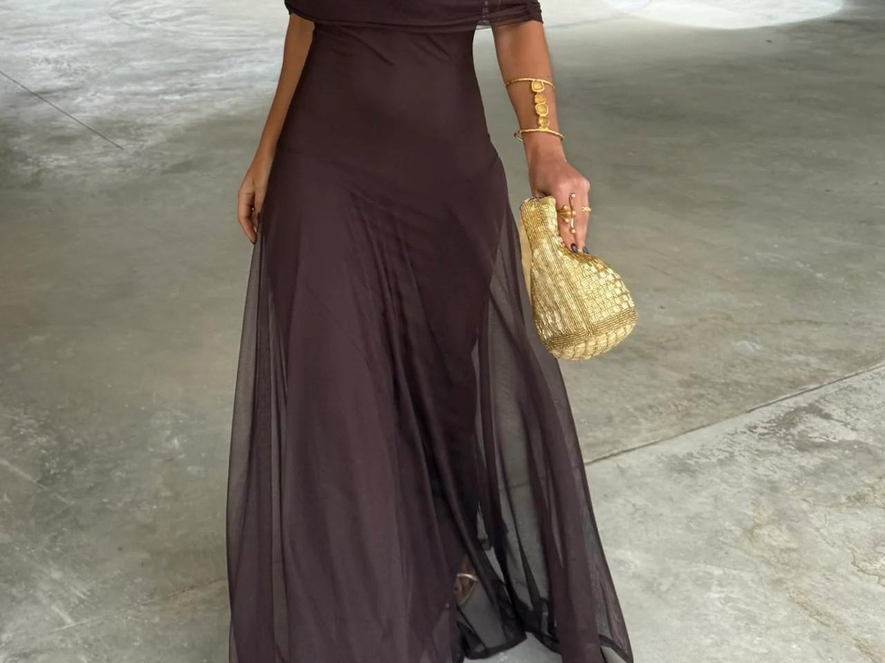 Brigid - Women's Long Mesh Overlay Ceremony Dress - Brown
