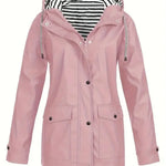 Brigitte - Women's Hooded Rain Coat with Striped Lining - Pink