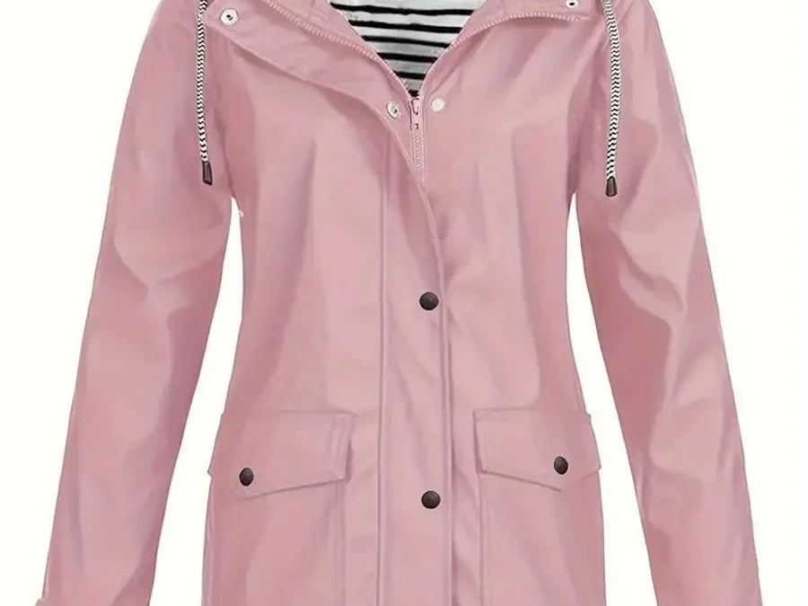 Brigitte - Women's Hooded Rain Coat with Striped Lining - Pink