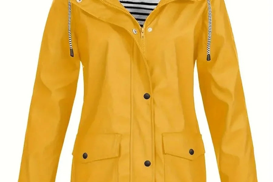Brigitte - Women's Hooded Rain Coat with Striped Lining - Yellow