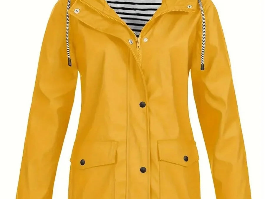 Brigitte - Women's Hooded Rain Coat with Striped Lining - Yellow