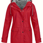 Brigitte - Women's Hooded Rain Coat with Striped Lining - Red