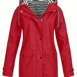Brigitte - Women's Hooded Rain Coat with Striped Lining - Red