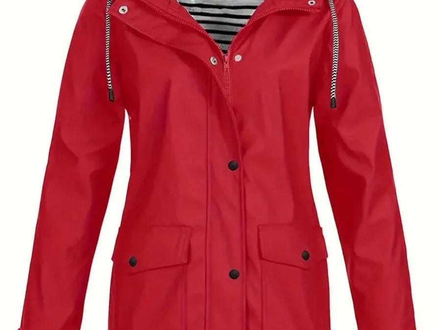 Brigitte - Women's Hooded Rain Coat with Striped Lining - Red