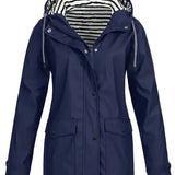 Brigitte - Women's Hooded Rain Coat with Striped Lining - Navy