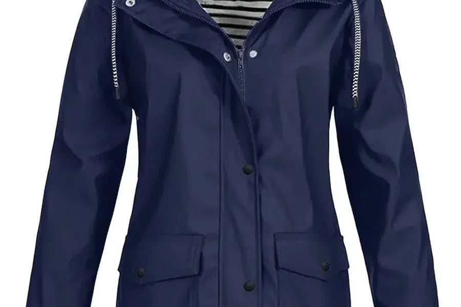 Brigitte - Women's Hooded Rain Coat with Striped Lining - Navy