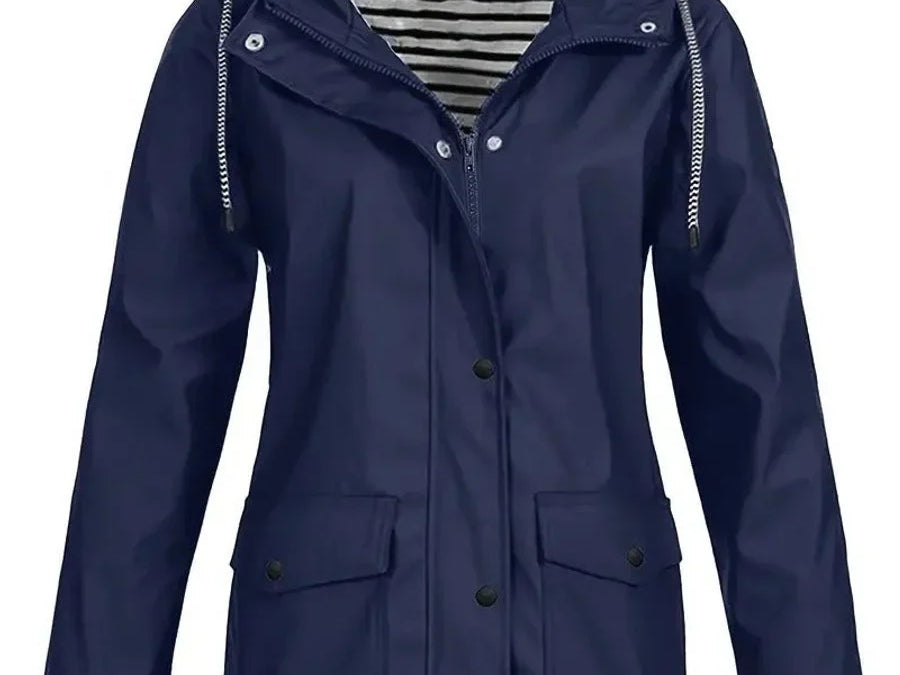 Brigitte - Women's Hooded Rain Coat with Striped Lining - Navy