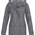 Brigitte - Women's Hooded Rain Coat with Striped Lining - Gray