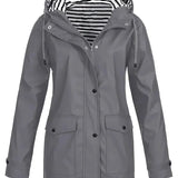 Brigitte - Women's Hooded Rain Coat with Striped Lining - Gray