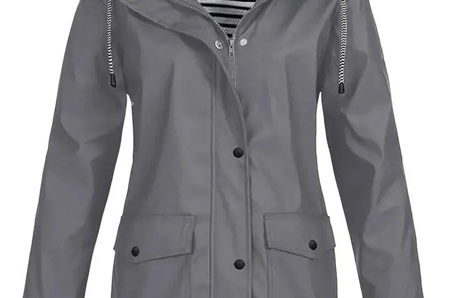 Brigitte - Women's Hooded Rain Coat with Striped Lining - Gray