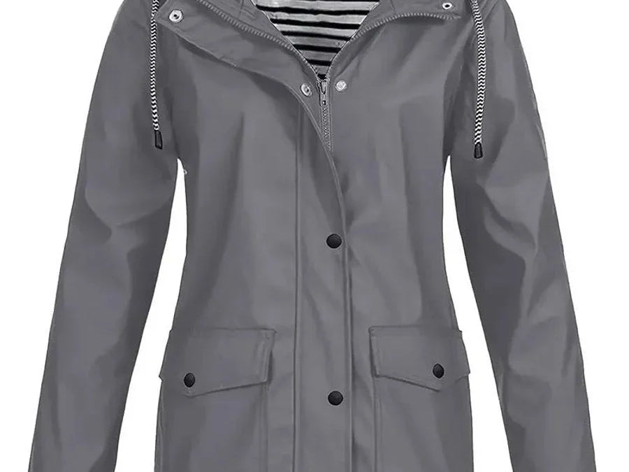 Brigitte - Women's Hooded Rain Coat with Striped Lining - Gray