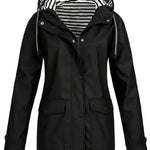 Brigitte - Women's Hooded Rain Coat with Striped Lining - Black