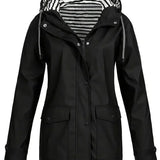 Brigitte - Women's Hooded Rain Coat with Striped Lining - Black