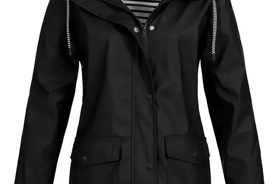 Brigitte - Women's Hooded Rain Coat with Striped Lining - Black