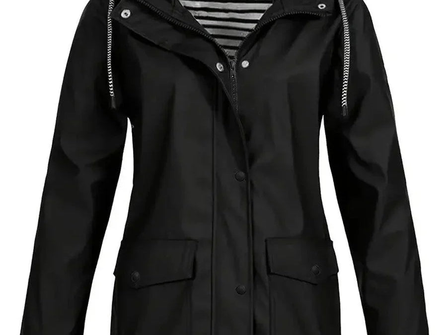 Brigitte - Women's Hooded Rain Coat with Striped Lining - Black