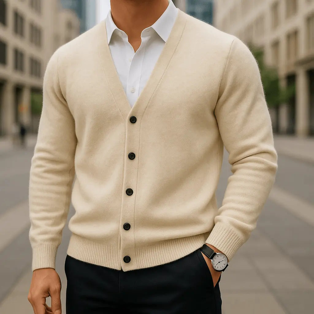 Bruce - Men's V Neck Button Front Knit Cardigan - Beige