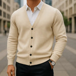Bruce - Men's V Neck Button Front Knit Cardigan - Beige