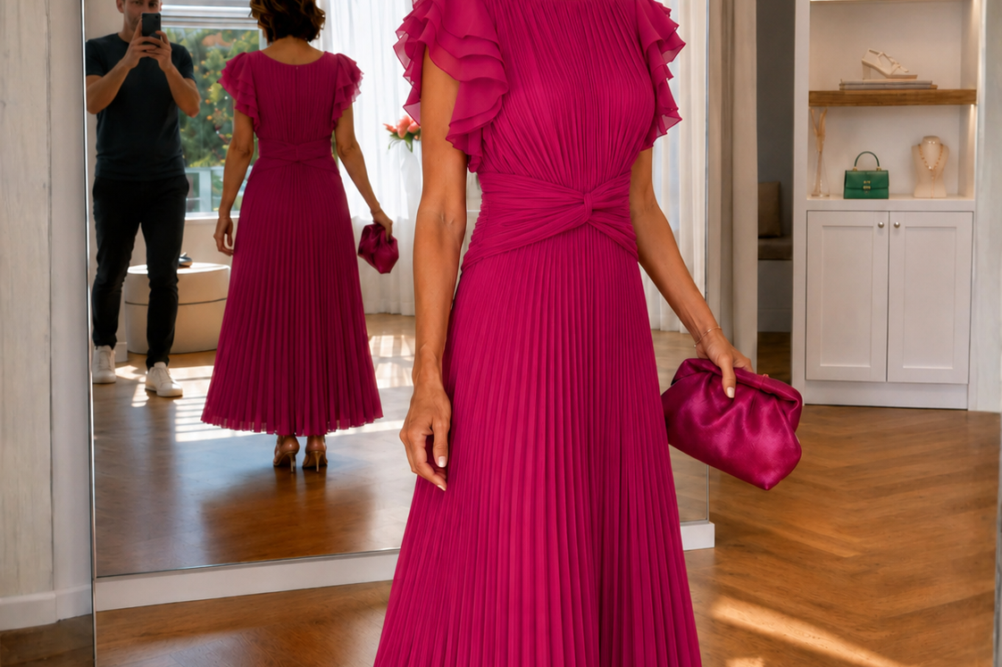 Women's Pleated Midi Dress | Elegant Flowing Occasion Dress